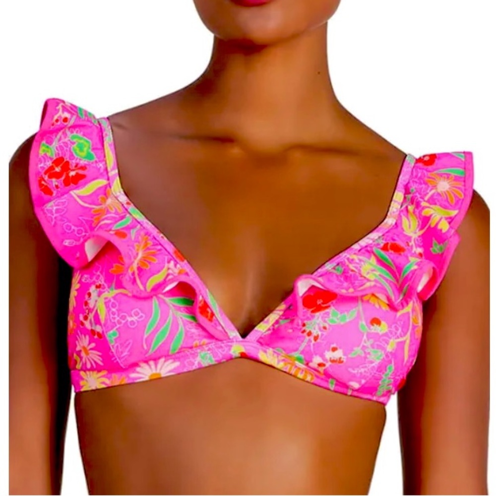 KATE SPADE pink flash ruffle bikini top floral pink size XL